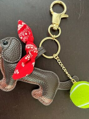 Piper K Leather Dachshund Keychain with Red Bandana & Tennis Ball Charm